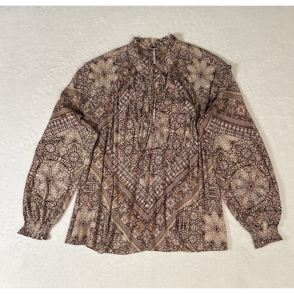 Free People Little Runway M Brown Tie Front Split Mock Neck Boho Paisley Bandana